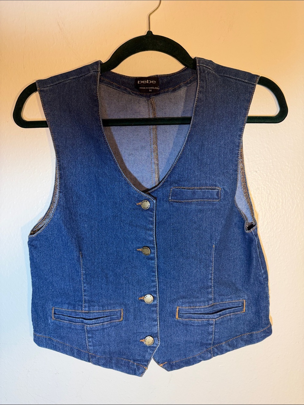 Bebe vintage 90s Y2K Stretch Denim Jean Fitted Vest Brass Logo Buttons Medium